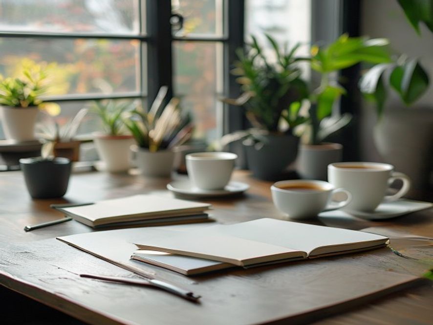 Bright workspace with notebooks and coffee cup on a clean desk