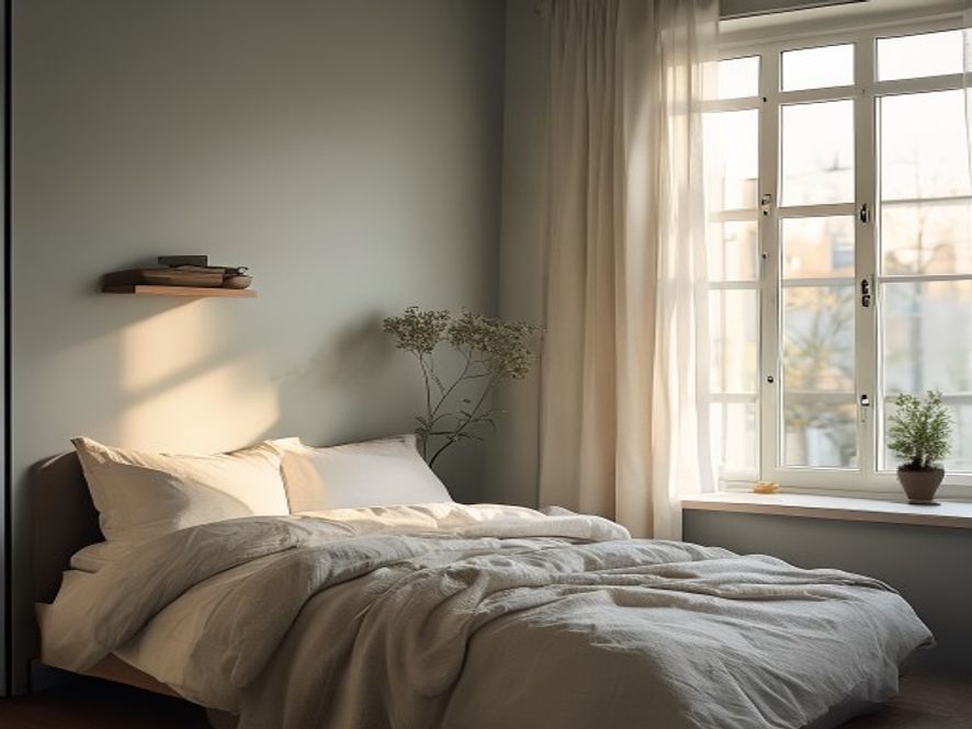Minimalist bedroom with soft lighting and neat furnishings